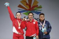 Weightlifting - Gold Coast 2018 Commonwealth Games - Women's 69kg Final - Carrara Sports Arena 1 - Gold Coast, Australia - April 8, 2018. Gold medallist Punam Yadav of India, silver medallist Sarah Davies of England and bronze medallist Apolonia Vaivai of Fiji pose with their medals and Borobi plush dolls. REUTERS/Athit Perawongmetha