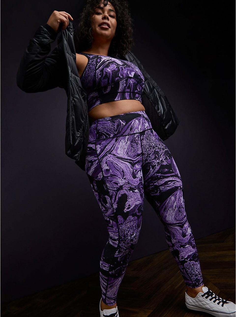 Black & Purple Marble Wicking Active Legging with Pockets