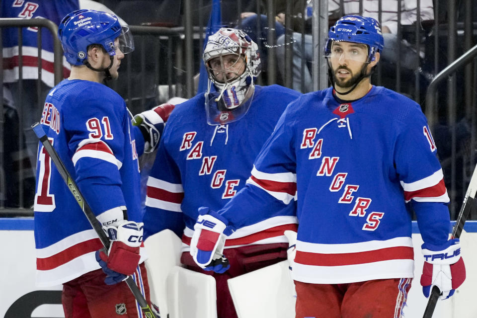 New York Rangers goaltender Jaroslav Halak (41) reacts after closing the third period when a game-tying late goal on the Toronto Maple Leafs was overturned following review during an NHL hockey game, Thursday, April 13, 2023, in New York. (AP Photo/John Minchillo)