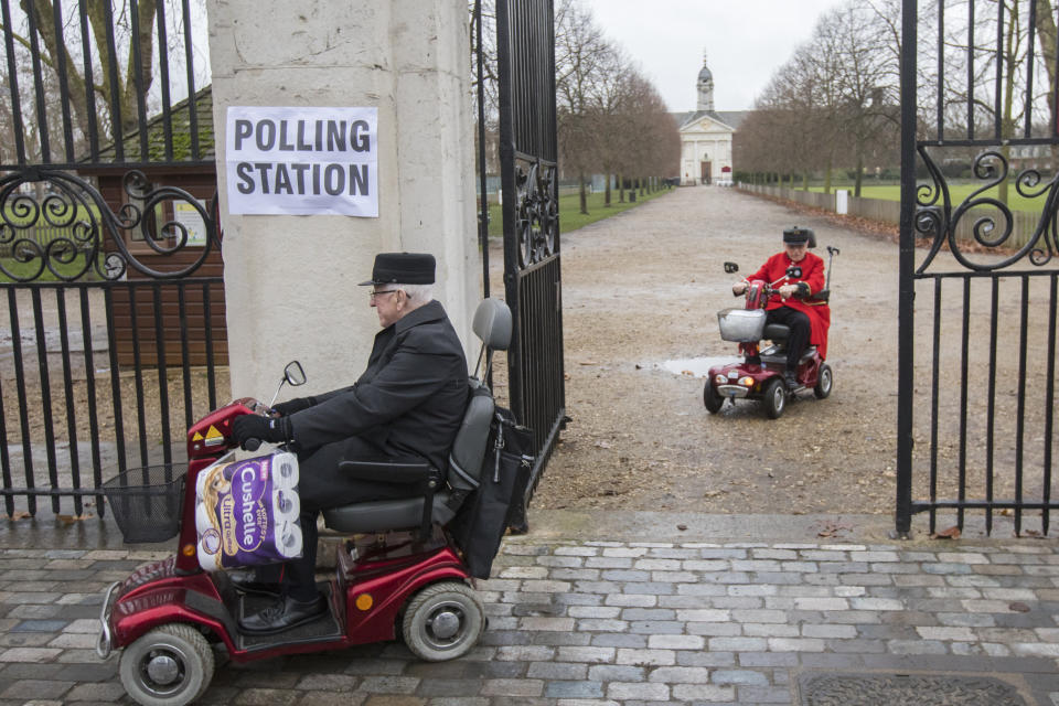 Chelsea Pensioners leave after casting their votes in the 2019 General Election in Chelsea, London. (Photo by Rick Findler/PA Images via Getty Images)