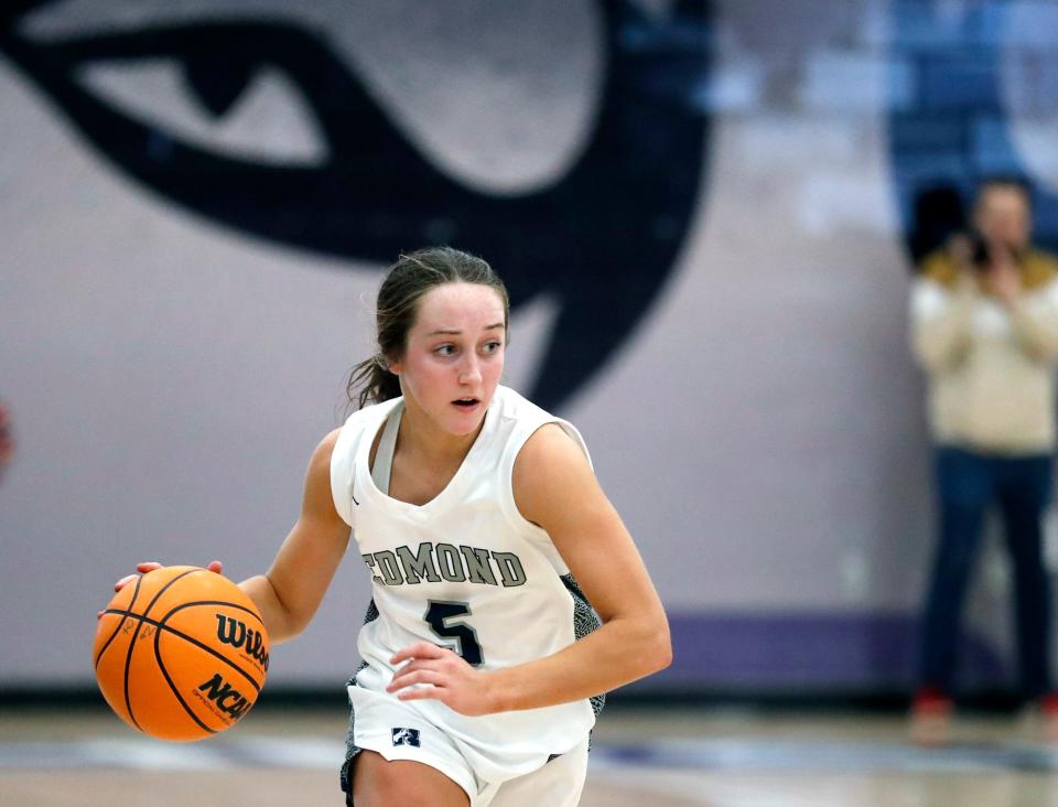 Edmond North's KK Peeler dribbles up court during the girls high school basketball game between Edmond North and Westmoore at Edmond North High School in Edmond, Okla., Friday, Feb.3, 2023. 