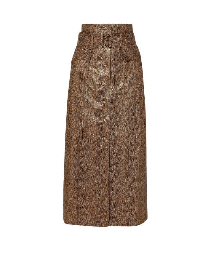 Aarohi belted snake-effect vegan leather midi skirt