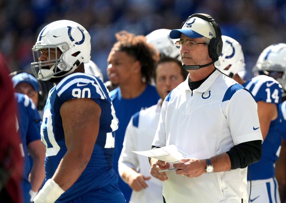 Indianapolis Colts head coach Frank Reich watches the action on the field Sunday, Oct. 2, 2022, during a game against the Tennessee Titans at Lucas Oil Stadium in Indianapolis.