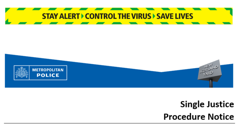 An example of a Single Justice Procedure notice from the Met Police (Courts)