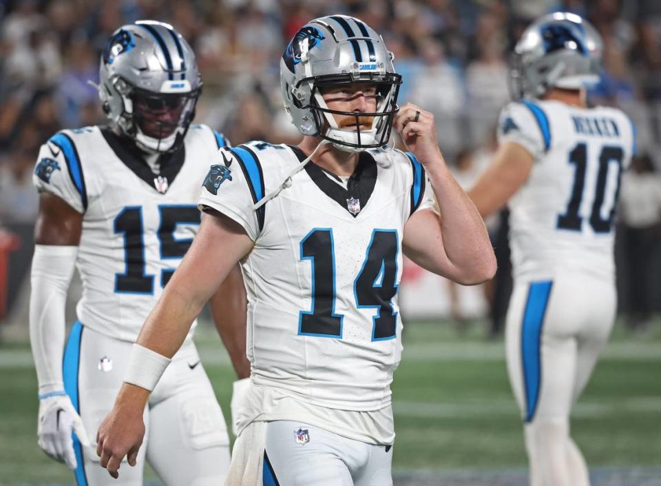 Carolina Panthers quarterback Andy Dalton walks the sideline following a whistle during second-half action against the New Orleans Saints at Bank of America Stadium on Monday, September 18, 2023. The Panthers lost to the Saints 20-17.