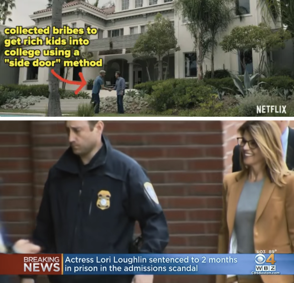 news reel of lori loughlin walking behind a police officer