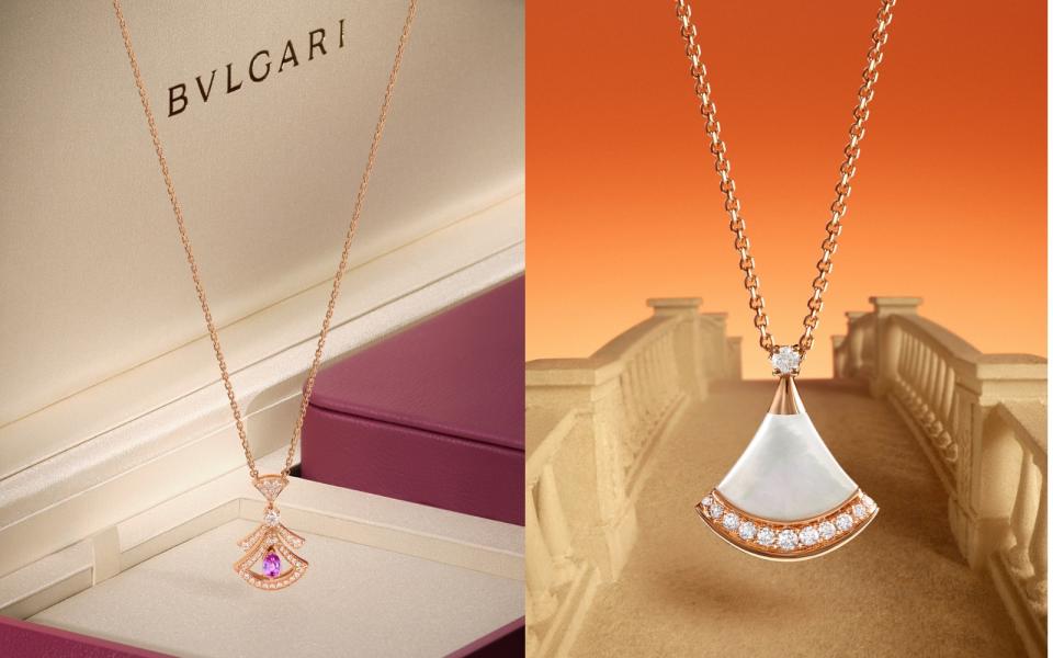 ▲BVLGARI DIVAS’ DREAM系列 玫瑰金鑽石與粉紅剛玉項鍊（圖左）七夕限定款；BVLGARI DIVAS’ DREAM系列 玫瑰金珍珠母貝鑲鑽項鍊（圖右）。圖/寶格麗提供