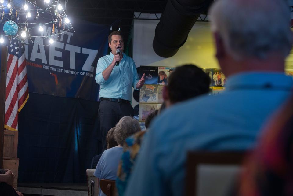 U.S. Rep. Matt Gaetz pressed charges against a Pensacola woman after she threw her drink at him as he was leaving his “Won’t Back Down” town hall meeting at Brew Ha Ha restaurant in Pensacola, Florida, on June 1, 2019.