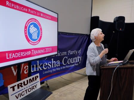 Kathy Kiernan opens a leadership training session for local Republican Party officials and volunteers in Waukesha