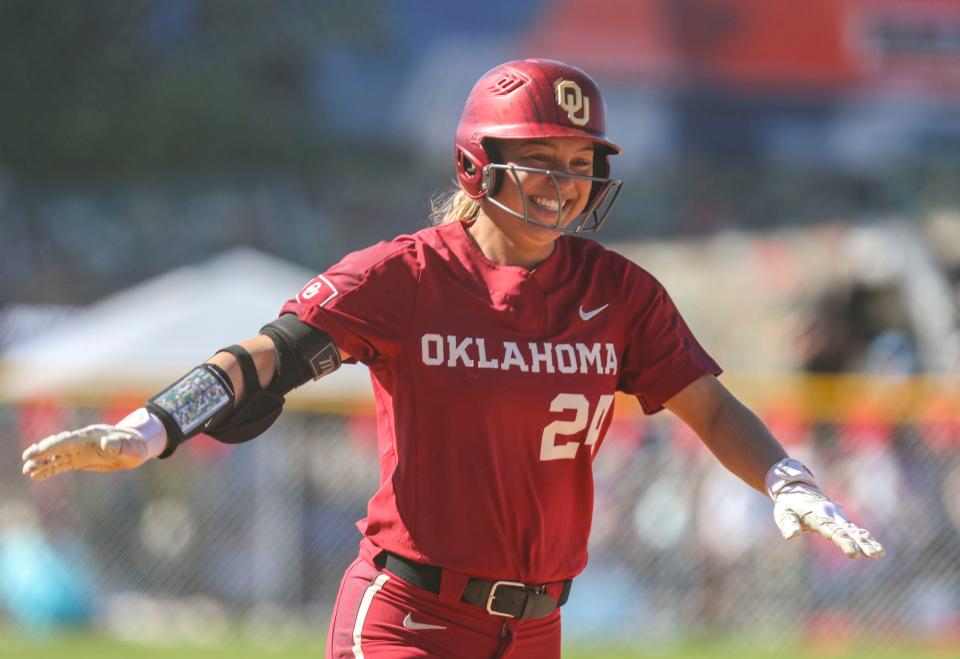 OU's Jayda Coleman celebrates her home run in Friday's game against Cal State Fullerton at the Mary Nutter Collegiate Classic in Cathedral City, Calif.