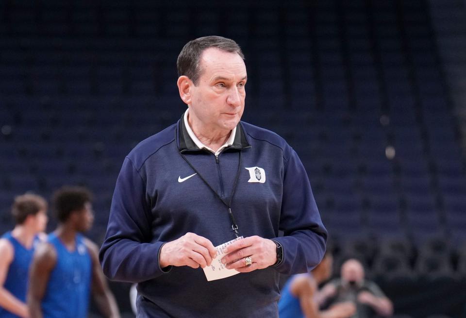 Duke coach Mike Krzyzewski watches during his team practice in preparation for their 2022 NCAA men's tournament game at Chase Center.