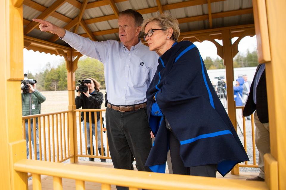 TVA's Bob Deacy, left, gives U.S. Secretary of Energy Jennifer Granholm, right, a tour of the Clinch River Nuclear Site on Tuesday, Dec. 5, 2023.