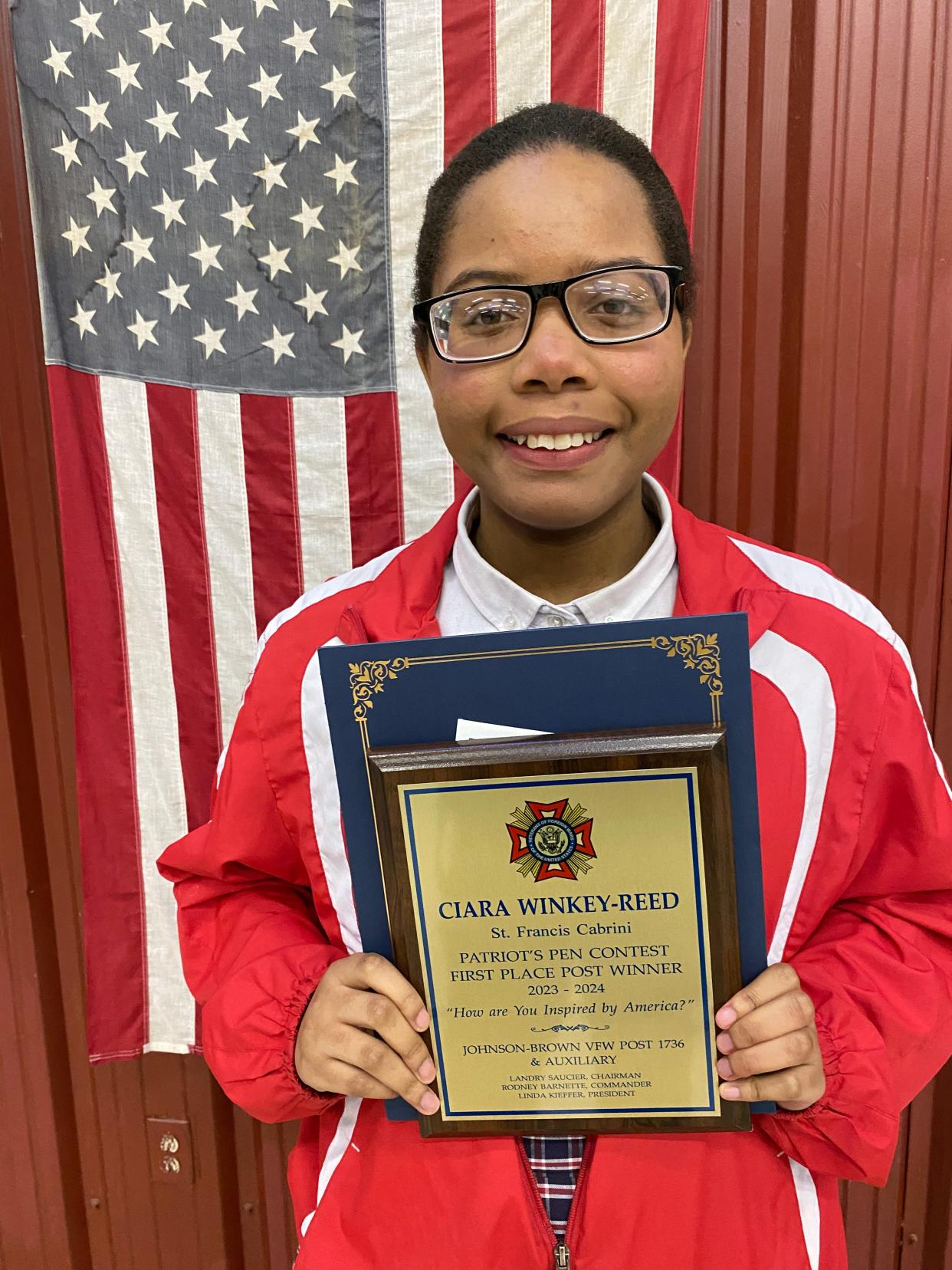 St. Frances Cabrini School eighth grader Ciara Winkey-Reed placed first in the Veteran of Foreign Wars & Auxiliary Post 1736 Patriots Pen contest. The topic was “How Are You Inspired by America."