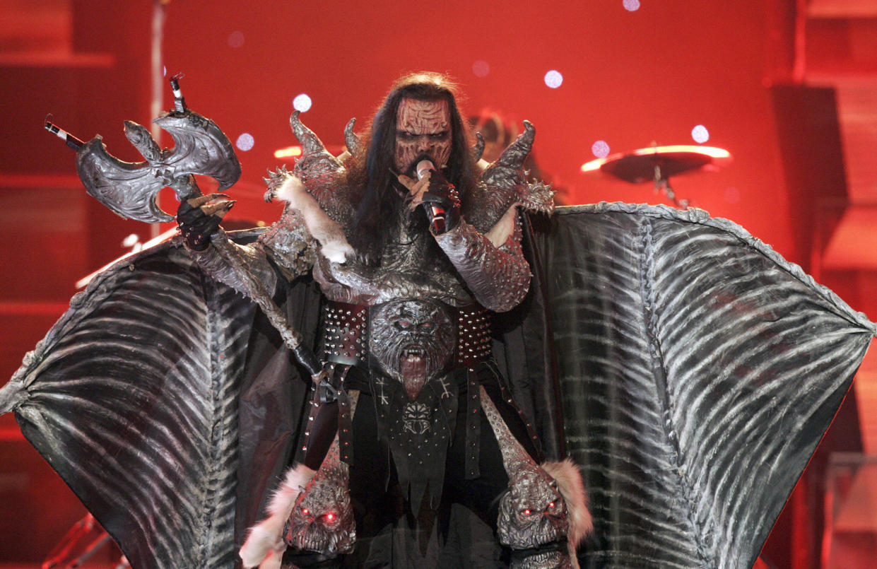Athens, GREECE:  Finland's Lordi performs the song 'Hard Rock Hallelujah' during the 51st Eurovision final song contest at the Athens Olympic Indoor Hall, 20 May 2006. The 51st Eurovision song contest, the continent's annual ode to glitz and extravaganza, began in Athens on Saturday night with 24 countries vying for the title that carries the right to host next year's event. AFP PHOTO / Aris Messinis  (Photo credit should read ARIS MESSINIS/AFP via Getty Images)
