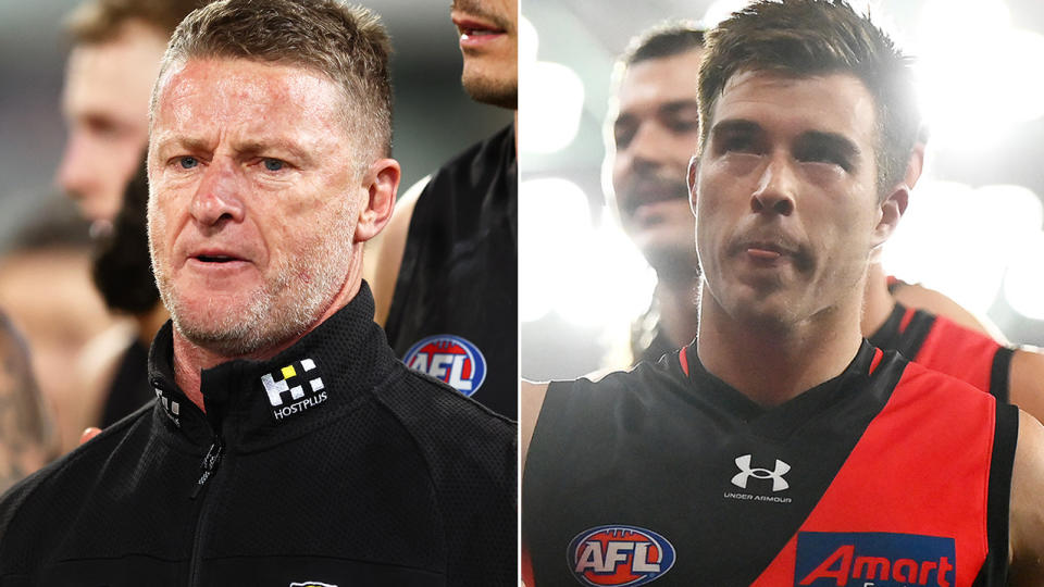 Richmond coach Damien Hardwick during a team talk and Zach Merrett walking down the tunnel.