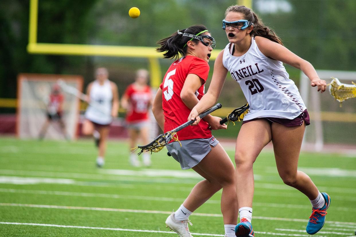 O'Neill's Abbey Richardson goes after the ball during the Section 9 Class D girls lacrosse championship game at O'Neill High School in Highland Falls, NY on Thursday, May 26, 2022. O'Neill defeated Red Hook 19-7. KELLY MARSH/FOR THE TIMES HERALD-RECORD
