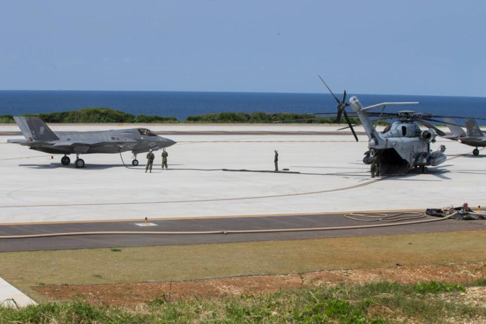 An F-35B with Marine Fighter Attack Squadron 121 refuels at an established Forward Arming and Refueling Point during simulated Expeditionary Advanced Base Operations at Ie Shima Training Facility, March 14, 2019. <em>U.S. Marine Corps photo by Lance Cpl. Dylan Hess<br></em>