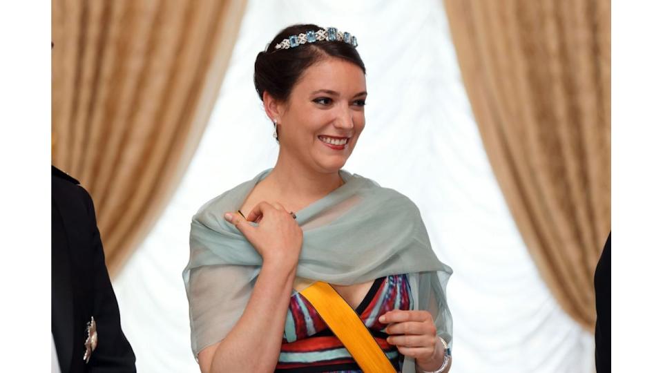 Princess Alexandra in a tiara and multicoloured dress