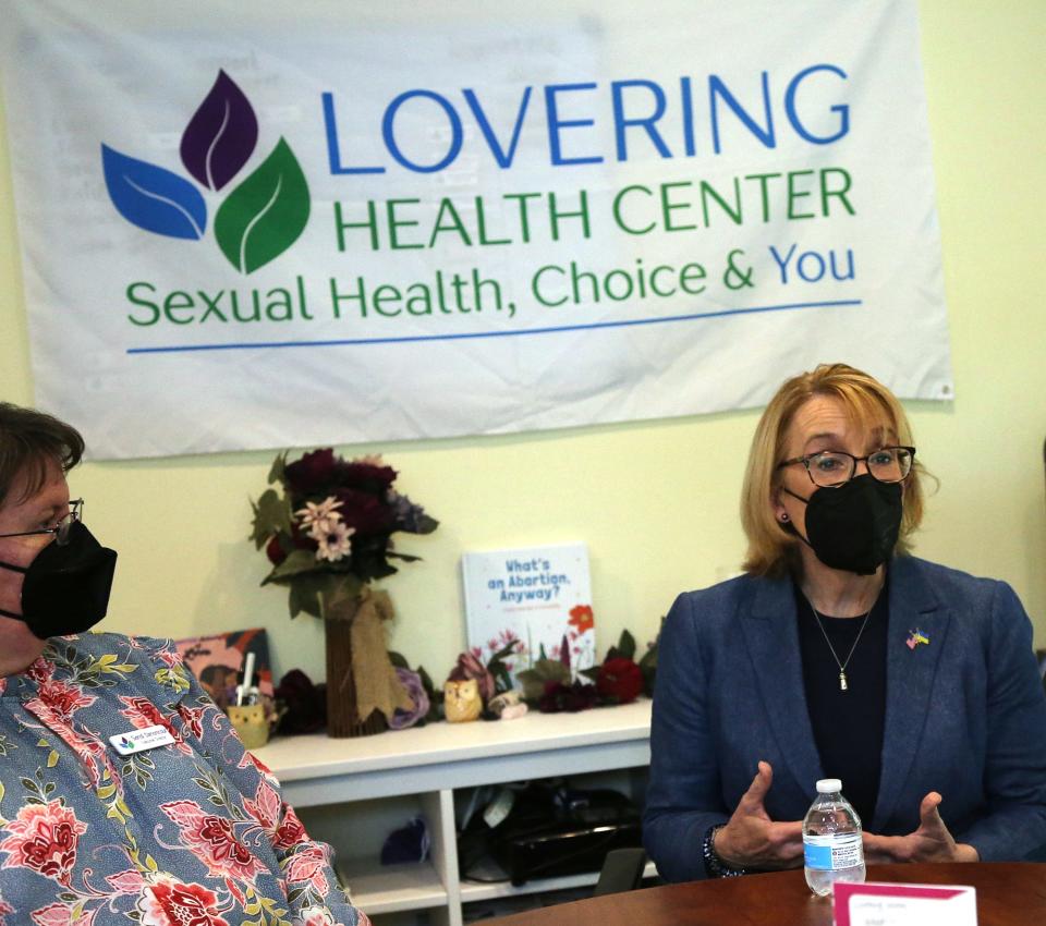Lovering Health Center Executive Director Sandi Denoncour, left, and Sen. Maggie Hassan, D-New Hampshire, take part in a roundtable discussion at the center in Greenland Friday, May 27, 2022.