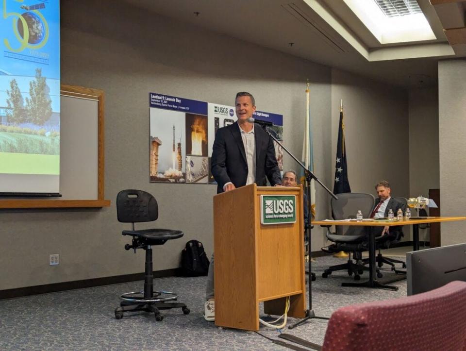 Sioux Falls Mayor Paul TenHaken speaks at a 50th anniversary celebration for the USGS EROS Center.