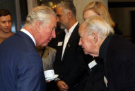 LONDON, ENGLAND - NOVEMBER 20: Prince Charles, Prince of Wales speaks to Desinger Terence Conran as he visits the Dyson Building at Royal College of Art on November 20, 2018 in London, England. (Photo by Chris Jackson/Getty Images)