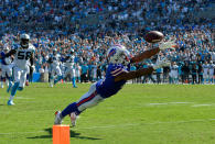 <p>Zay Jones #11 of the Buffalo Bills can’t make the diving catch on fourth down in the final seconds of a loss to the Carolina Panthers during their game at Bank of America Stadium on September 17, 2017 in Charlotte, North Carolina. The Panthers won 9-3. (Photo by Grant Halverson/Getty Images) </p>