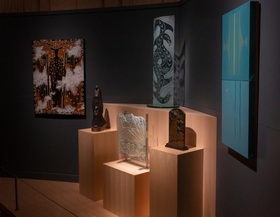 Two and three dimensional art in a new exhibit at The Eiteljorg Museum, Thursday, June 23, 2022, as a preview to a museum effort to reimagine the ways Native art is shown. 