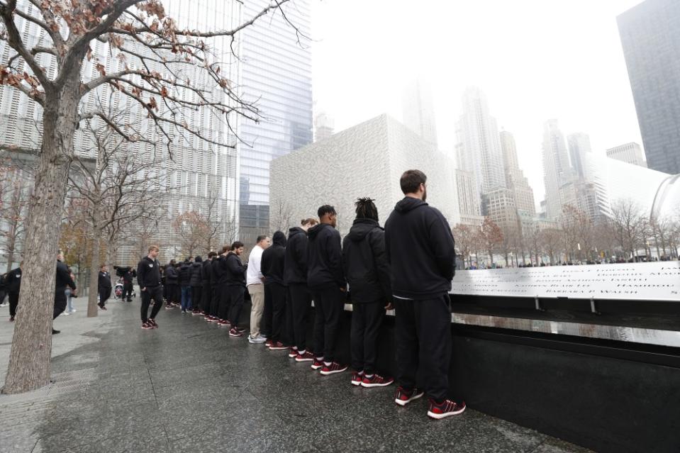 Rutgers football and the Miami Hurricanes visit One World Observatory and then visited the 9/11 Memorial and Museum. Photos via the New York Yankees and the Bay Boy Mowers Pinstripe Bowl.