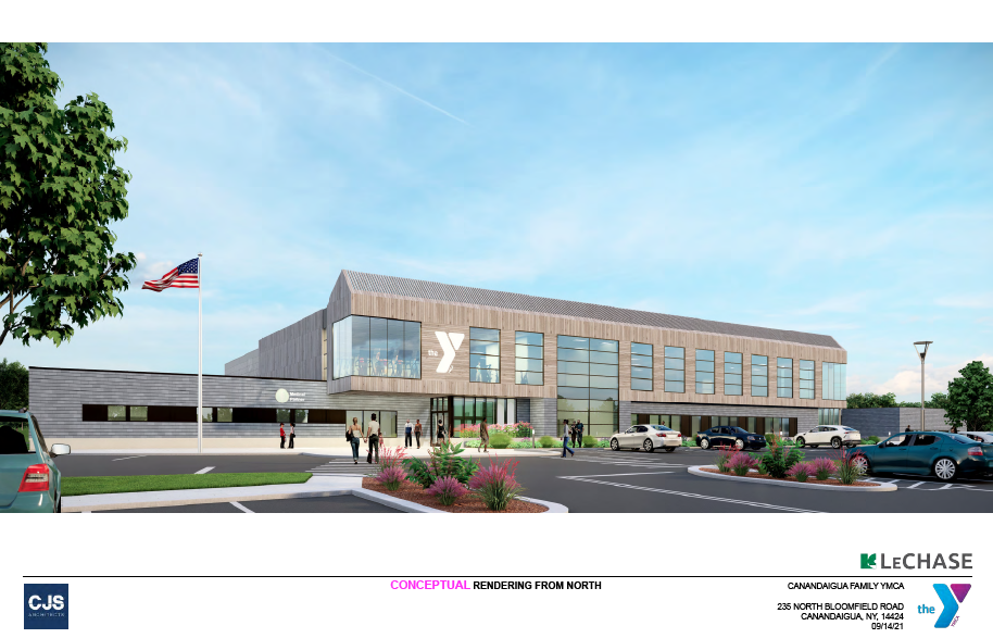 A conceptual rendering is seen of a proposed new Canandaigua YMCA building at 235 North Bloomfield Road.