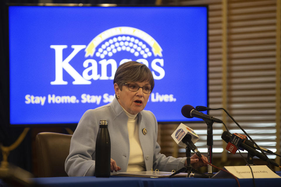 Kansas Gov. Laura Kelly speaks at a news conference to give updates on the COVID-19 outbreak Thursday, April 9, 2020 at the Statehouse in Topeka, Kan. (Evert Nelson/The Capital-Journal via AP]