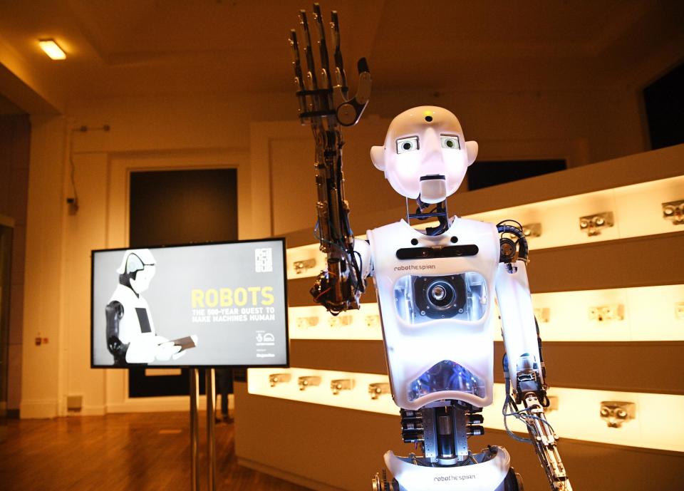 Robothespian, a social robot, at a 'Robots' exhibition at the Science Museum: Facundo Arrizabalaga/EPA