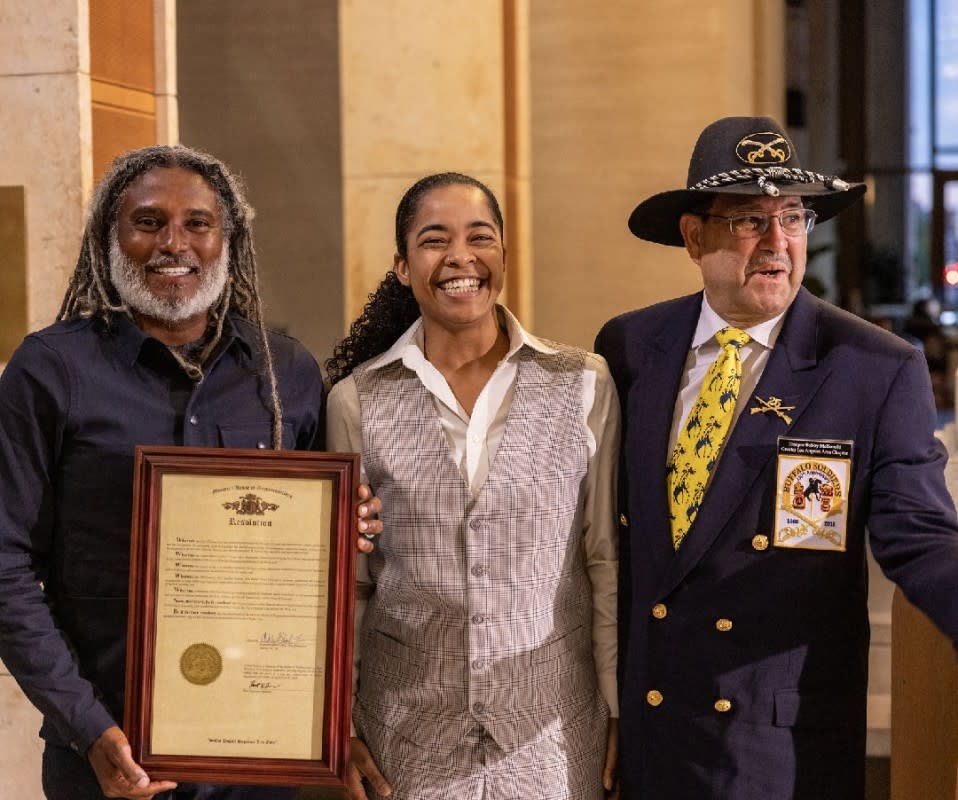 <em>Joining me at journey's end</em><em> in St. Louis</em> <em>at the Missouri History Museum </em><em>is Rep. Ashley Bland Manlove, and BSNA's Bobby McDonald on July 24—125 years to the day the Buffalo Soldiers completed their historic ride at this exact spot. The city of St. Louis now recognizes July 24 as Iron Riders Day. </em><p>Josh Caffrey</p>