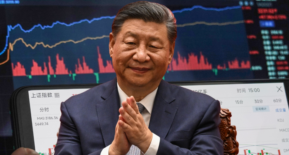 China's leader Xi Jinping with a graph of economic data in the background