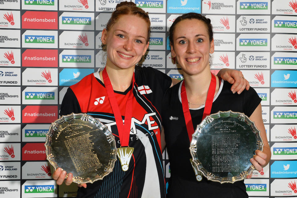 Chloe Birch and Lauren Smith celebrate their women's doubles success at the England National Badminton Championships in Winchester (Credit: Alan Spink and Craig Burgess Photography)