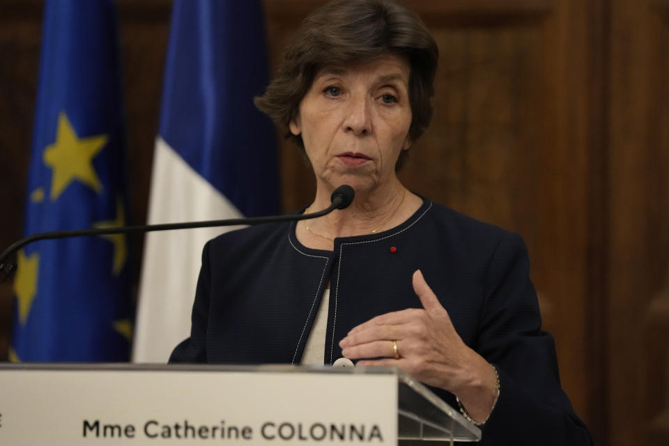 French Foreign Minister Catherine Colonna, speaks during a press conference at the Pine Palace, which is the residence of the French ambassador, in Beirut, Lebanon, Monday, Dec. 18, 2023. (AP Photo/Hussein Malla)