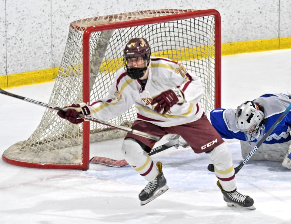 Algonquin's Nicholas D'Angelo celebrates his game-winning goal in overtime past Auburn goalie Nate Brown.