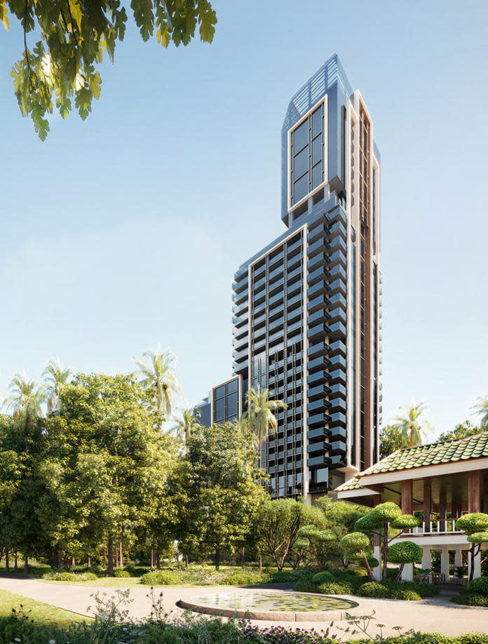 A rendering of Aman Nai Lert Bangkok's striking facade