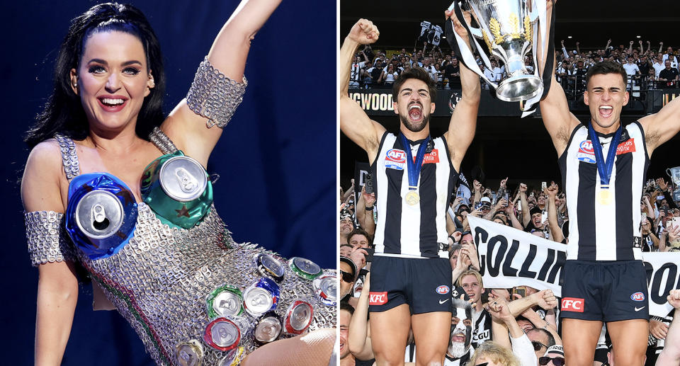 Katy Perry, pictured here alongside Collingwood players Josh and Nick Daicos.