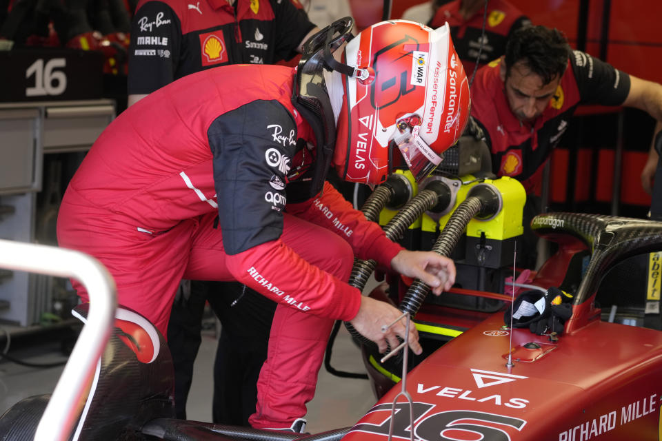 Ferrari driver Charles Leclerc of Monaco preparers for the second free practice session for the Hungarian Formula One Grand Prix at the Hungaroring racetrack in Mogyorod, near Budapest, Hungary, Friday, July 29, 2022. The Hungarian Formula One Grand Prix will be held on Sunday. (AP Photo/Darko Bandic)