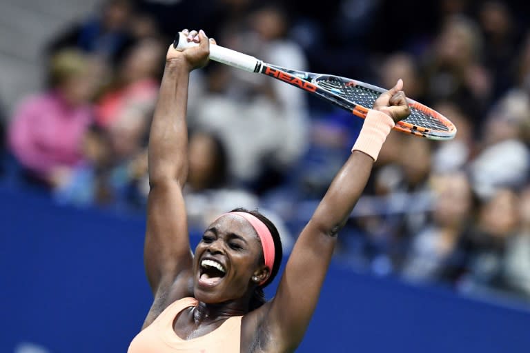 Sloane Stephens of the US celebrates after defeating compatriot Venus Williams in their 2017 US Open semi-final match, at the USTA Billie Jean King National Tennis Center in New York, on September 7