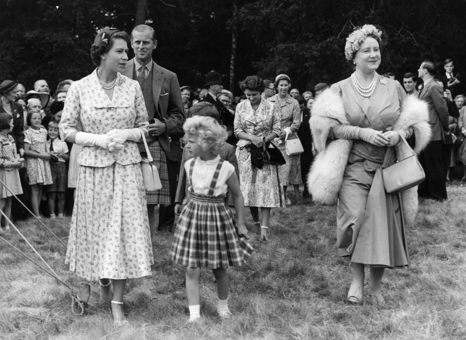 A five-year-old Princess Anne with her mother and grandmother in 1955 (Getty Images)