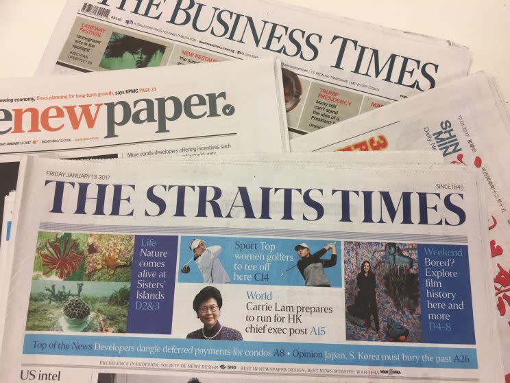 Singapore Press Holdings reported a 43.8 per cent drop in net profit in its fiscal first quarter due mainly to a slowdown in its media business. 