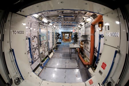 A view inside a replica science lab of the International Space Station at Johnson Space Center in Houston
