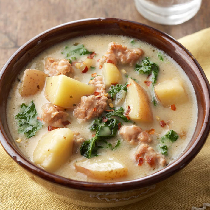 <p>This rich Italian soup, made with ground pork and potatoes, is sure to satisfy everyone who tries it. Using a slow cooker makes this recipe easy to execute. <a href="https://www.eatingwell.com/recipe/263203/pork-zuppa/" rel="nofollow noopener" target="_blank" data-ylk="slk:View Recipe" class="link rapid-noclick-resp">View Recipe</a></p>