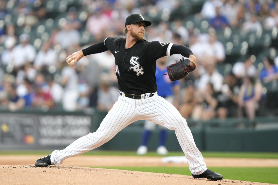 Chicago White Sox starting pitcher Michael Kopech delivers during the first inning of the team's baseball game against the Chicago Cubs on Tuesday, July 25, 2023, in Chicago. (AP Photo/Charles Rex Arbogast)