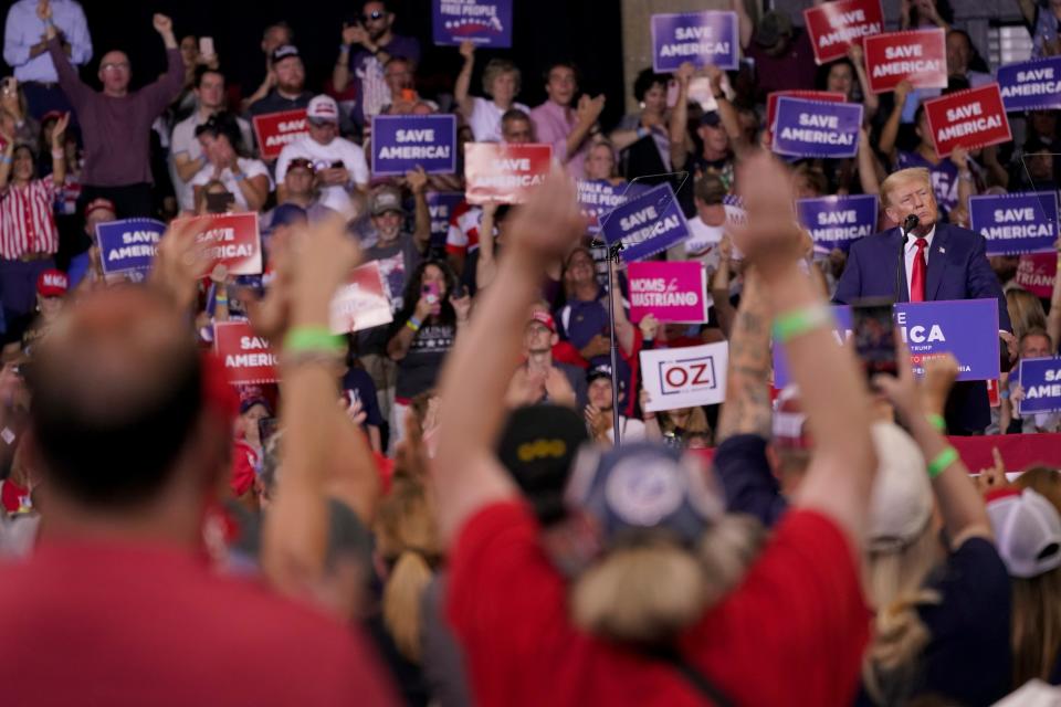 Supporters cheer as former President Donald Trump speaks at a rally in Wilkes-Barre, Pa., Saturday, Sept. 3, 2022. (AP Photo/Mary Altaffer)