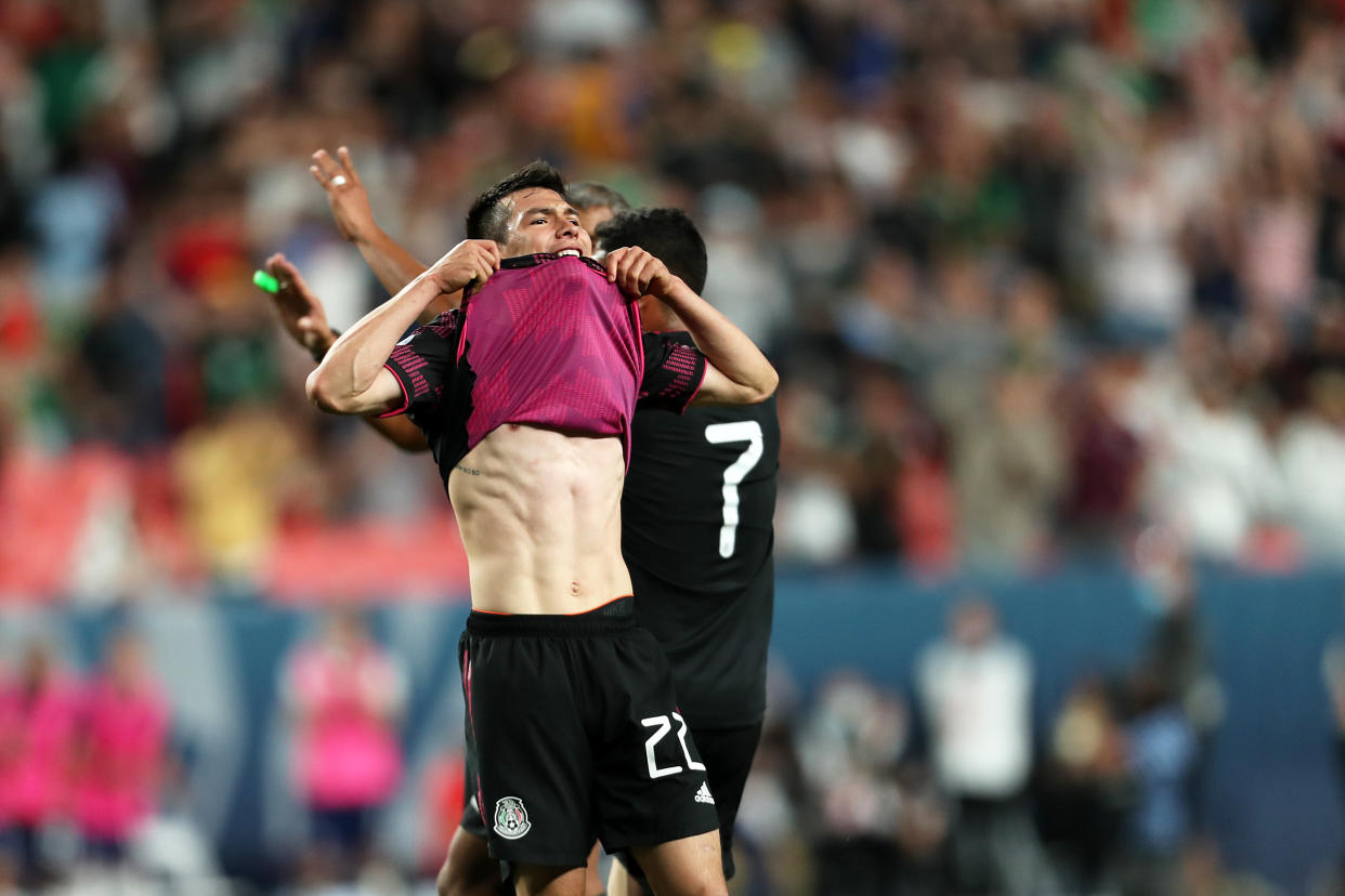 DENVER, CO - JUNE 06: Hirving Lozano #22 of Mexico reacts after fail shot during the CONCACAF Nations League Championship Final between United States and Mexico at Empower Field At Mile High on June 6, 2021 in Denver, Colorado. (Photo by Omar Vega/Getty Images)