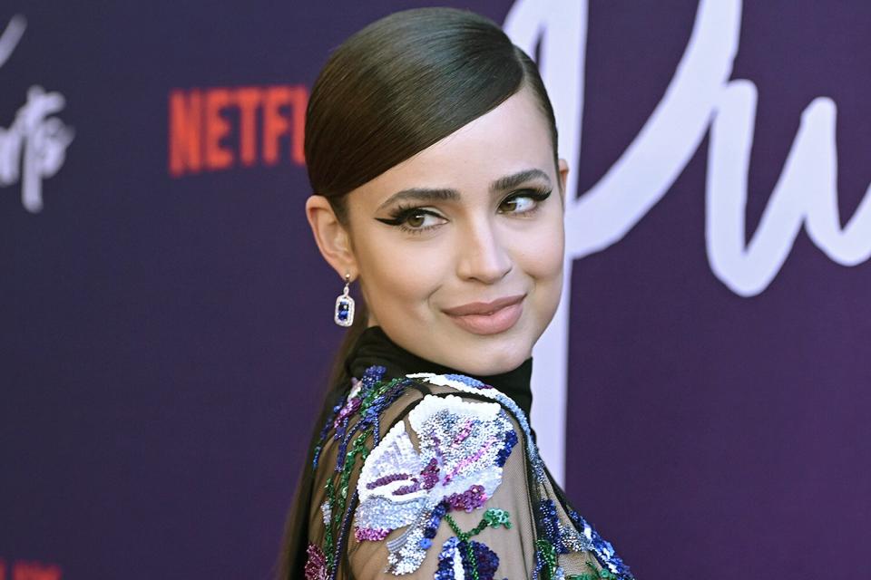 Sofia Carson attends Netflix Purple Hearts special screening at The Bay Theater on July 22, 2022 in Pacific Palisades, California.