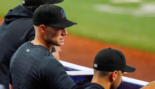 Manager Skip Schumaker of the Miami Marlins looks on against the