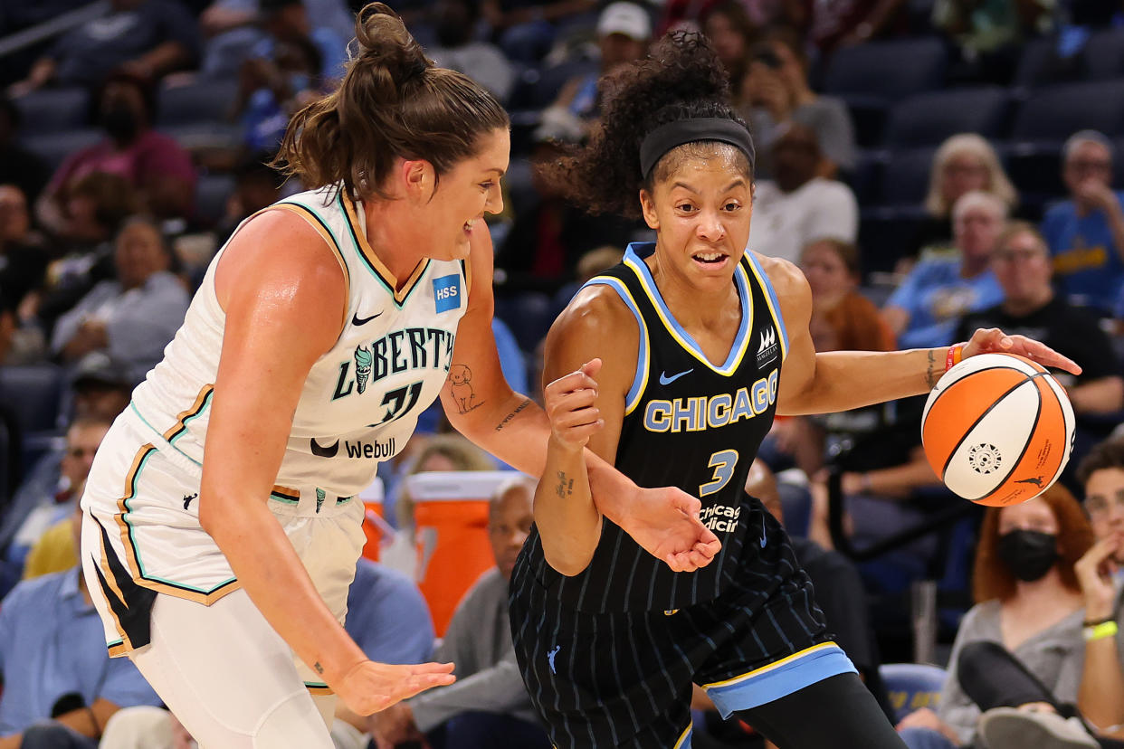 Candace Parker #3 of the Chicago Sky drives to the basket against Stefanie Dolson #31 of the New York Liberty during the first half in Game One of the First Round of the 2022 WNBA Playoffs at Wintrust Arena on August 17, 2022 in Chicago, Illinois. (Photo by Michael Reaves/Getty Images)